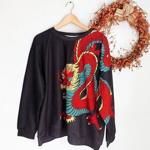 Pixie Lady Womens Plus Size 3X Sweatshirt Asian Mythical Red Dragon Print Black
